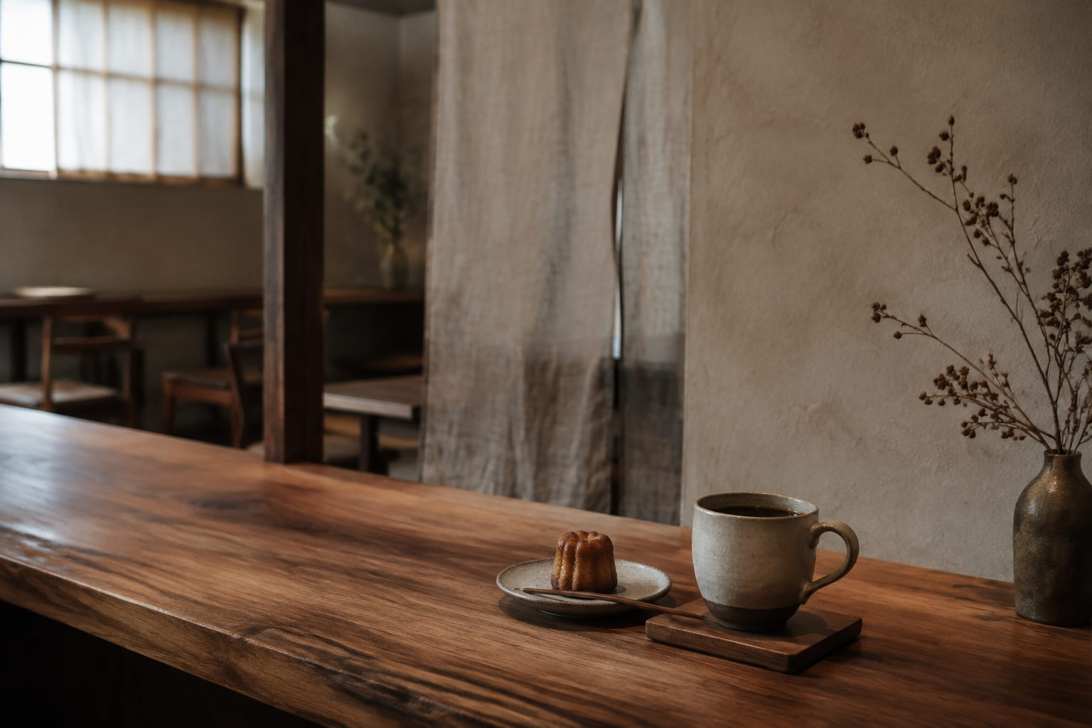 木のカウンターに置かれたコーヒーと焼き菓子